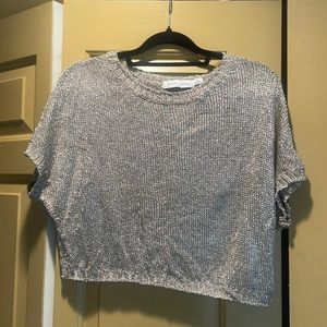 Bishop and Young metallic gold open knit short sleeve sweater size small